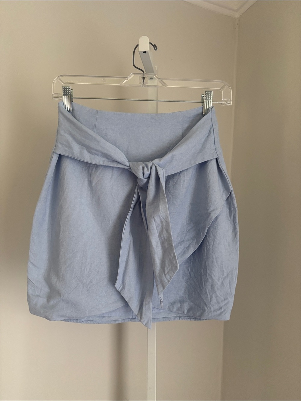 Super down Milah Wrap Skirt Light Blue Tie-Waist Mini Skirt - Picture 5 of 6